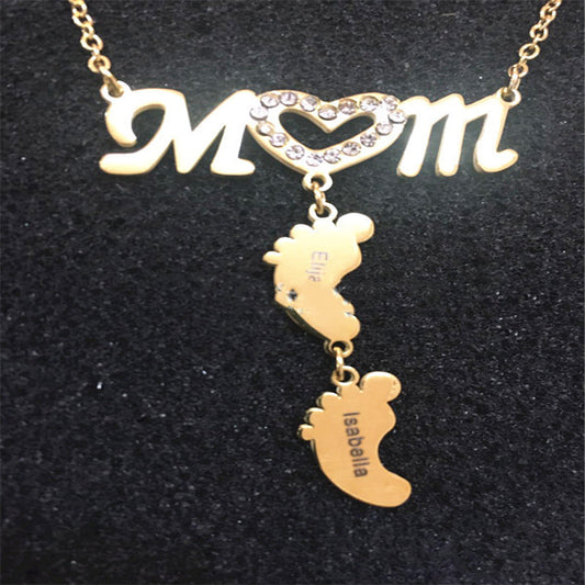 Personalized Inlay MOM Necklace with Baby Feet Name Necklace Pendant Custom Necklace Zirconia Necklaces