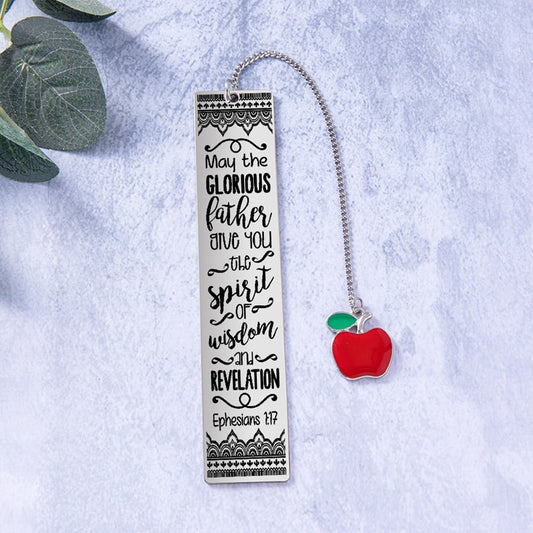 Engraved Bible Verse Stainless Steel Pendant Bookmark Red Apple Tassel Book Marks For Student Teachers Day Gifts